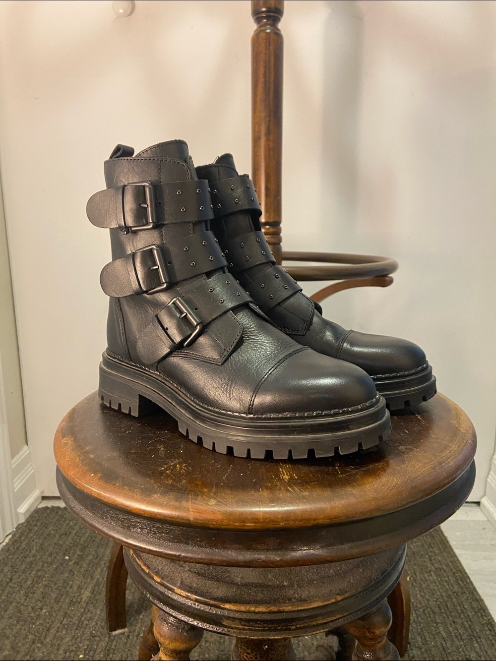 Women's Bocage Black Leather Buckle Zip Combat Motto Boots
